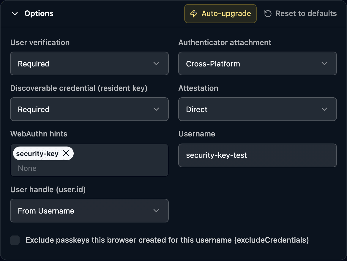 Debugger options prepared for a security key: cross-platform attachment, discoverable credential required, user verification required, direct attestation and the security-key hint