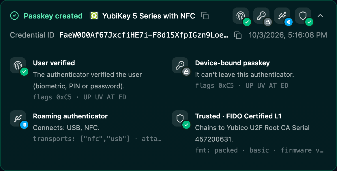 Result of a YubiKey 5 Series with NFC: user verified, device-bound passkey, roaming authenticator over USB and NFC, trusted and FIDO Certified L1