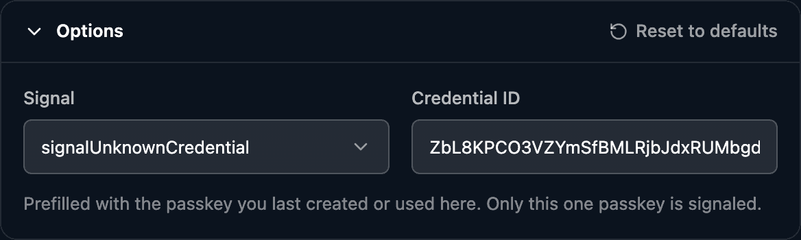 Deletion mode: signalUnknownCredential with the prefilled credential ID and the generated call