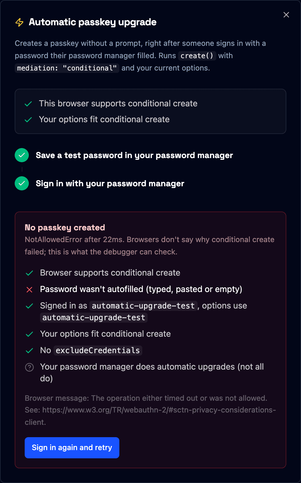 Failure checklist after a refused upgrade: NotAllowedError, browser support, password not autofilled, username, options and excludeCredentials