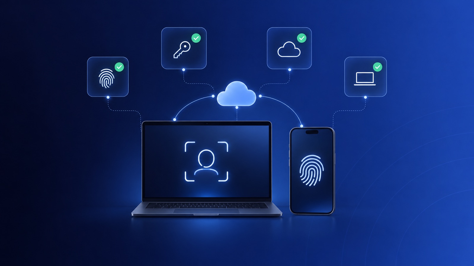 A laptop with face scan and a phone with fingerprint, synced through the cloud, with the checks of the platform authenticator test